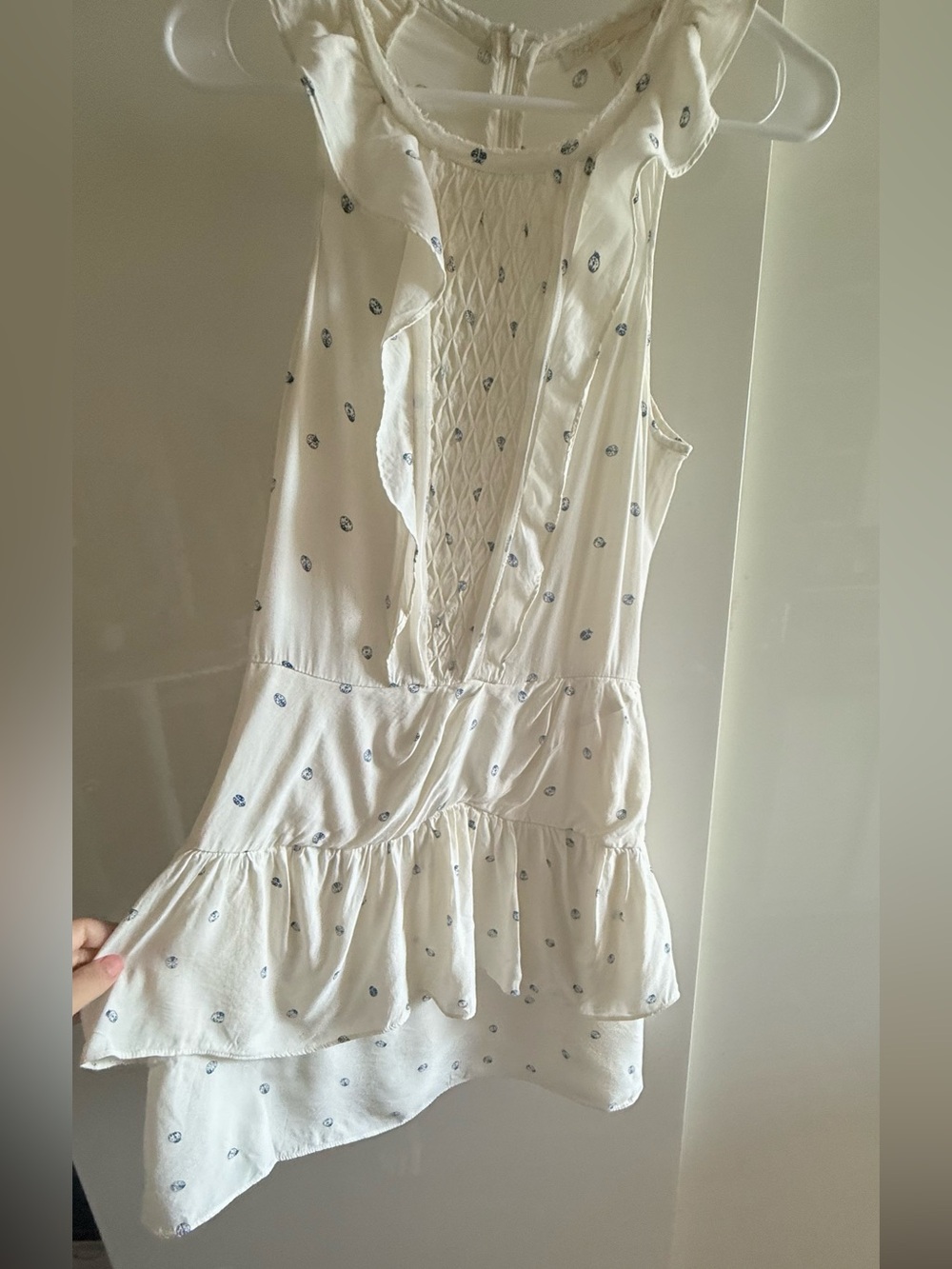 Maje dress w/ smocked front, ruffle detail in ladybug print.100% rayon